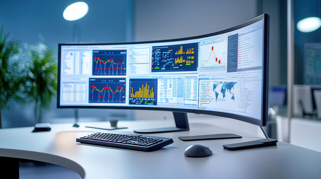 High tech dashboard with multiple screens displaying data analytics, graphs, and charts. modern workspace is designed for data analysis and monitoring