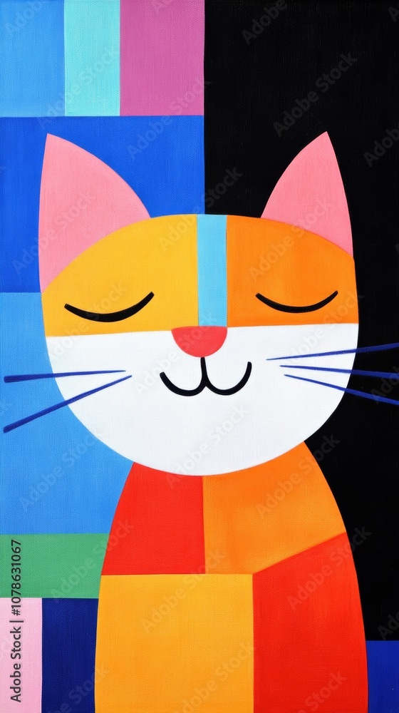 Poster a colorful abstract cat painting featuring vibrant geometric shapes and patterns against a contrasti