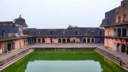 Inside view of Moti Mahal, built by Gond ruler Hruday Shah in 1667 AD, located in Ramnagar, Mandla, Madhya Pradesh
