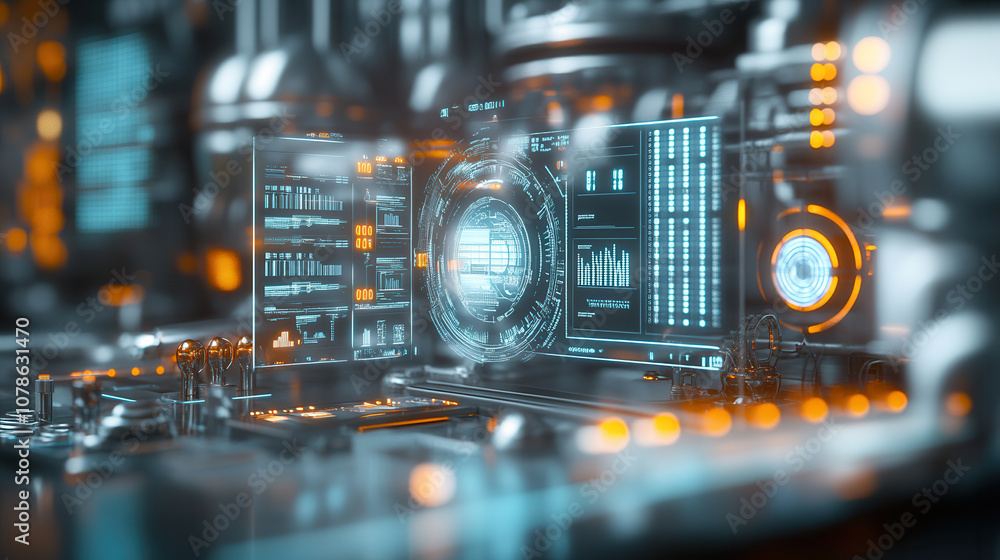 Poster futuristic control panel with glowing screens and data displays, showcasing advanced technology and 
