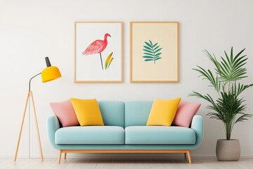 Bright and cheerful living room with pastel-colored sofa and art, featuring a flamingo and plant prints, perfect for relaxation and decoration