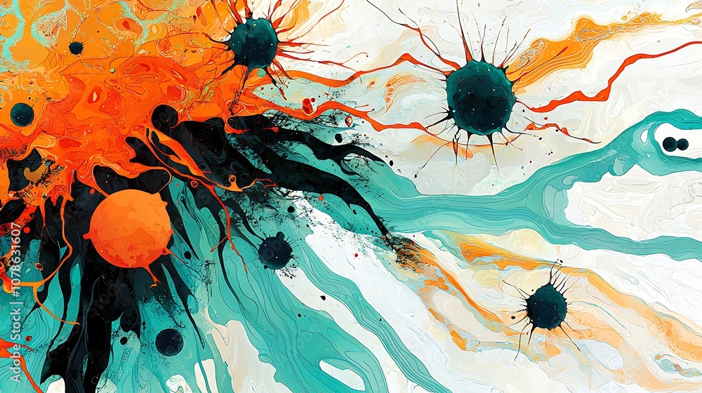 Poster vibrant abstract art with explosive swirls and colorful cosmic elements, showcasing dynamic patterns