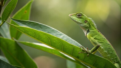 Fototapeta premium Vibrant Green Lizard Resting on Leaf with Clear Background for Nature Photography, Perfect for Environmental Themes and Reptile Enthusiasts