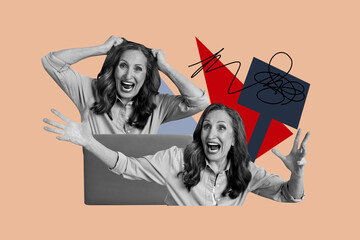 Collage picture mature woman afraid frustrated drawing doodles protester sign demonstration psychological issues freak psychotherapy