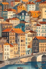 Obraz premium A Watercolor Illustration of Colorful Buildings with a Bridge and Boats in the Foreground