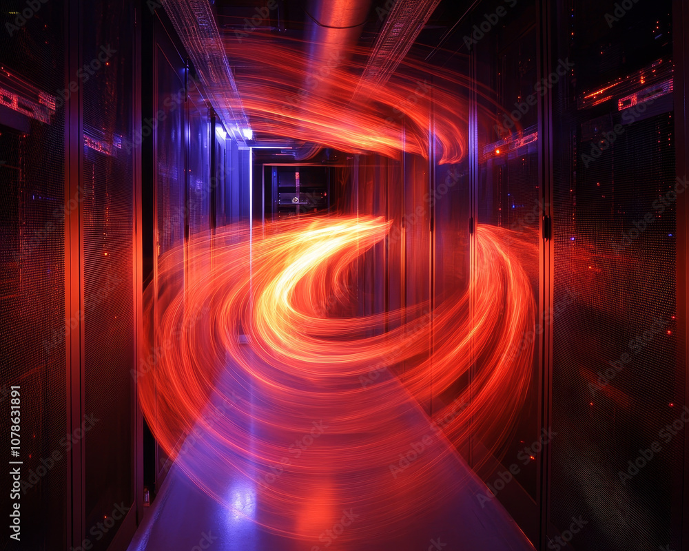 Poster abstract light trails swirl through server room, creating dynamic and vibrant atmosphere. interplay 