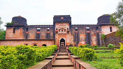 Front view of Raibhagat Ki Kothi, built in the 17th century, located in Ramnagar, Mandla, Madhya...