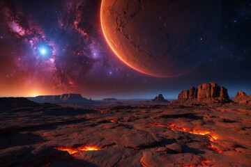 Fiery planet surface of red rocks and lava cracks, twin suns, purple-blue nebula enveloping the scene