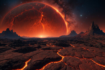 Energetic alien terrain of red volcanic rock and lava under twin suns, nebula hues wrapping the sky