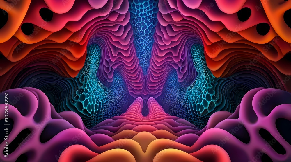 Poster an abstract, digital image of colorful, layered, organic shapes that create a sense of depth and dim