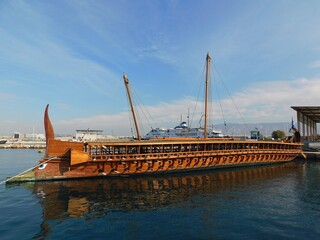 A trireme, ancient warship full scale replica, in Athens, Greece