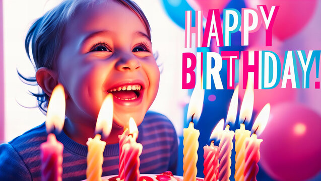 Joyful Birthday Girl Portrait with Candle-Lit Cake, Happy Child Celebrating Festive Occasion, Vibrant Pink and Purple Toned Party Scene. Blowing out Candles. Happy Birthday. Boy. 1