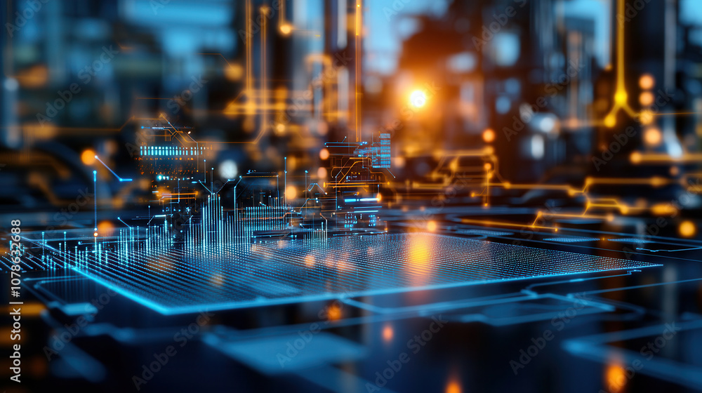 Poster futuristic digital circuit board with glowing elements and data visualization, showcasing technology