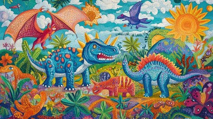 Obraz premium Colorful Cartoon Dinosaurs in Playful Scene
