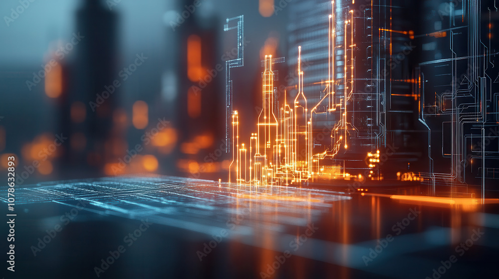 Poster futuristic digital landscape featuring glowing circuit patterns and abstract structures, symbolizing