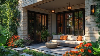 Obraz premium Cozy porch with plants and seating, inviting relaxation outdoors.