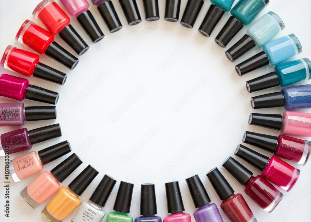 Aufkleber vibrant nail polish collection arranged in a circle on a white background with ample copy space for 