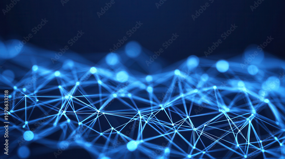 Poster innovative data solutions visualized as futuristic network of blue lines and nodes, representing con