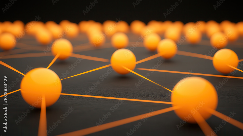 Poster innovative data solutions represented by interconnected orange spheres on dark background, symbolizi