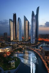 Modern skyscrapers and a waterfront park in Abu Dhabi, UAE