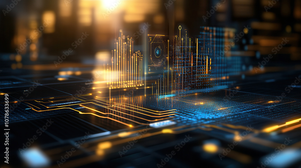 Poster futuristic digital landscape with glowing data visualizations and circuits, showcasing technology an