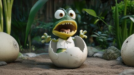 Naklejka premium Hilarious Cartoon Monster Cracking Out of Egg