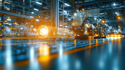 Fototapeta premium glowing industrial plant with advanced machinery and illuminated conveyor belt, showcasing modern technology and innovation in manufacturing