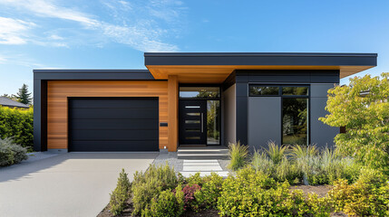 シンプルな日本の平屋住宅、戸建て住宅 ガレージ付き