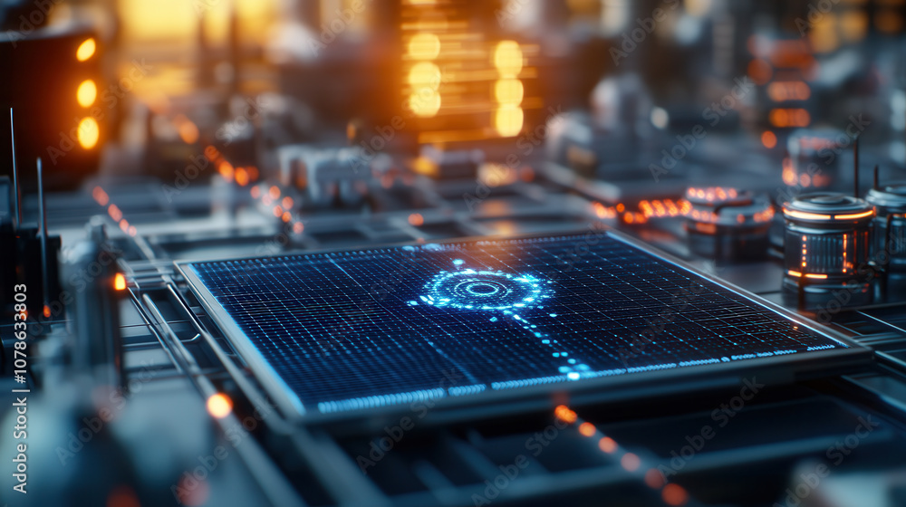 Poster futuristic digital circuit board with glowing elements and intricate patterns, showcasing advanced t