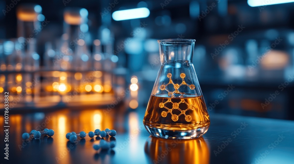 Poster a flask with yellow liquid and a molecule inside, on a table in a laboratory.