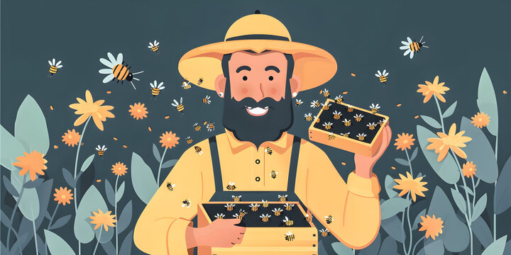 Illustrated Beekeeper with Bees in a Floral Background