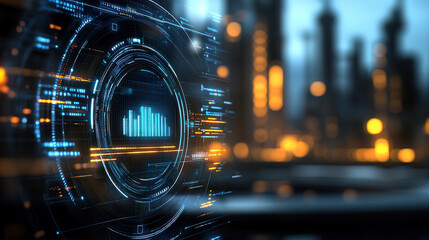 Futuristic digital interface with data visualization and city skyline