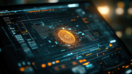 futuristic digital interface displaying data visualization and analytics, featuring glowing orange elements and intricate patterns. design conveys sense of advanced technology and innovation
