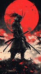 Samurai warrior under a red moon