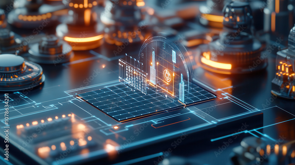Poster futuristic digital interface with glowing circuits and holographic elements, showcasing advanced tec
