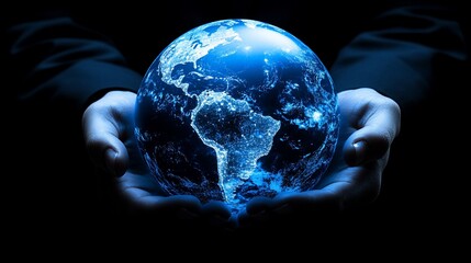 Two hands hold a glowing blue earth globe against a dark background.