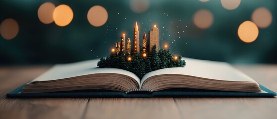 Open Book with Miniature City Skyline and Bokeh Lights