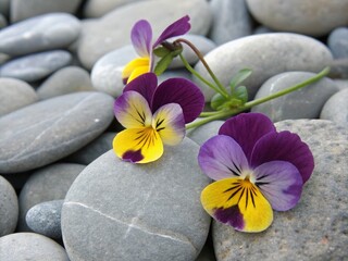 Fototapeta premium Vibrant Purple and Yellow Pansies on Smooth Gray Stones: A Serene Nature Scene Capturing Floral Beauty Amidst Tranquil Stone Backgrounds for Artistic and Decorative Uses
