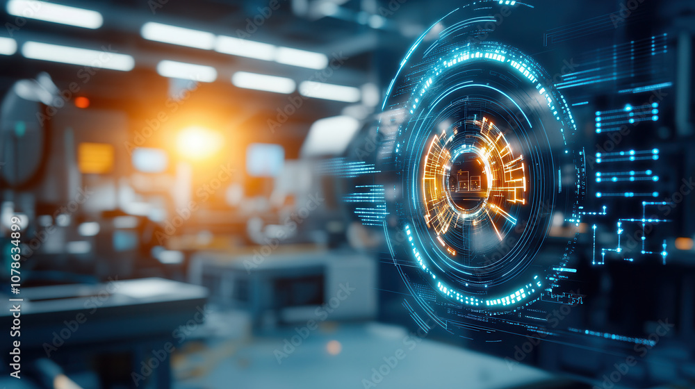 Poster futuristic industrial setting with digital interface elements, showcasing advanced technology and in