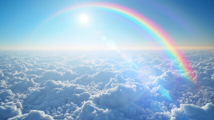 Sky with clouds and rainbow background pattern. Decorative horizontal banner. Digital artwork raster bitmap illustration. AI artwork.	