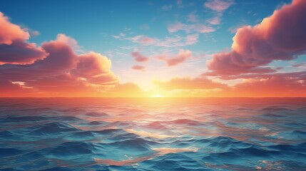 Sky with clouds over the sea, sunrise or sunset background pattern. Decorative horizontal banner. Digital artwork raster bitmap illustration. AI artwork.	