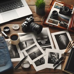 Photographer's desk with a camera lens and a selection of prints