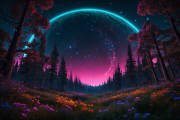 Dense forest of glowing trees and neon flowers, under a starry sky with a Saturn-like planet and rings