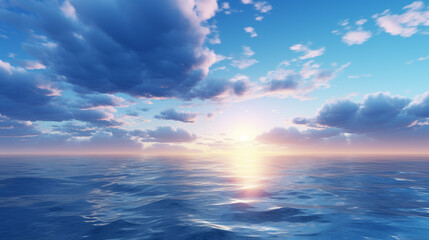 Sky with clouds over the sea, sunrise or sunset background pattern. Decorative horizontal banner. Digital artwork raster bitmap illustration. AI artwork.	