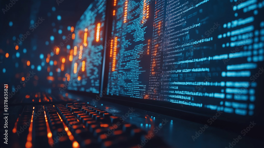 Poster close-up of computer screen with blue code and orange lights