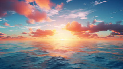 Sky with clouds over the sea, sunrise or sunset background pattern. Decorative horizontal banner. Digital artwork raster bitmap illustration. AI artwork.	