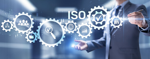 ISO Standard certification standardisation quality control concept on screen.