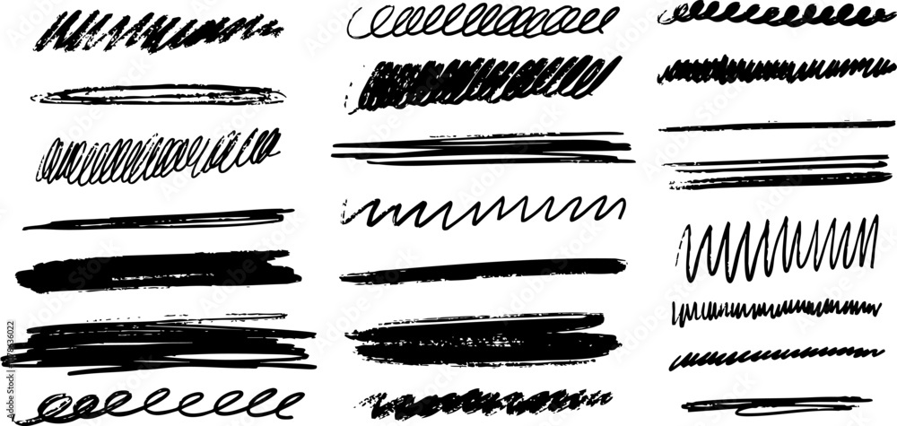 Poster marker lines isolated on transparent background. set of different doodle underlines, rough round sha