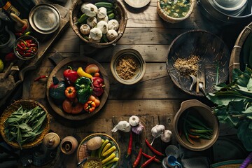 Wooden table with various ingredients for cooking.