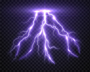 lightning strike, bright realistic lightning effect with flash and glow on isolated background